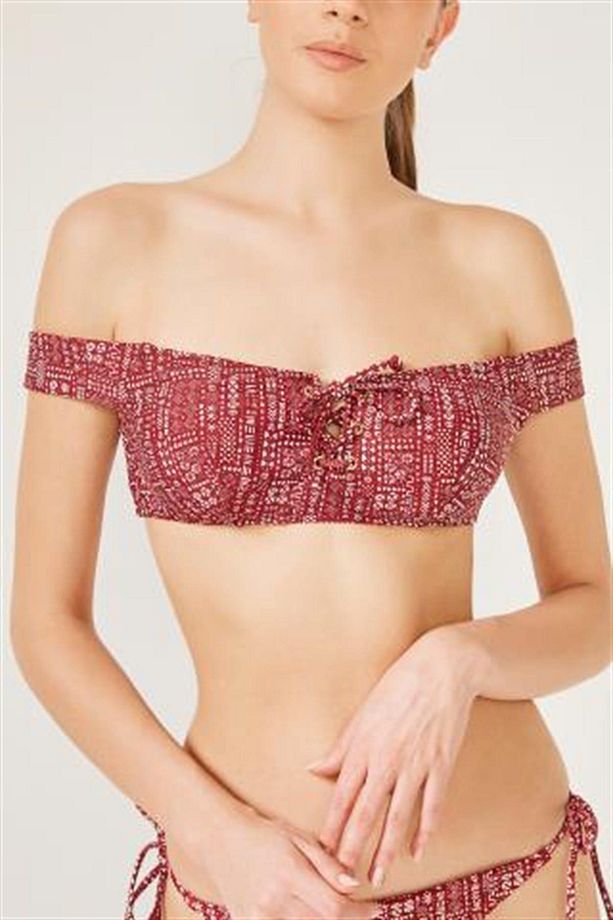 Baskılı Check Straplez Bikini Üstü - 1