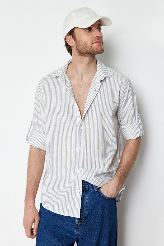Lacivert Regular Fit Keten Karışımlı Çizgili Gömlek TMNSS23GO00134 - 3