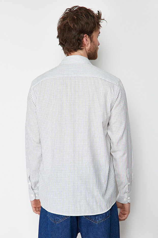 Lacivert Regular Fit Keten Karışımlı Çizgili Gömlek TMNSS23GO00134 - 6