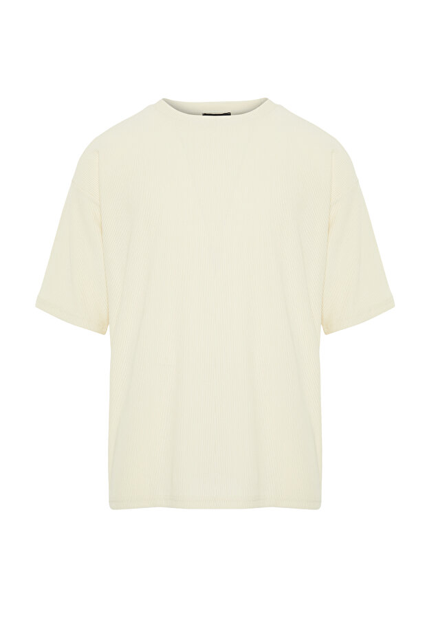 Ekru Oversize Bisiklet Yaka Kısa Kol Dokulu Ottoman T-Shirt TMNSS23TS00081 - 7