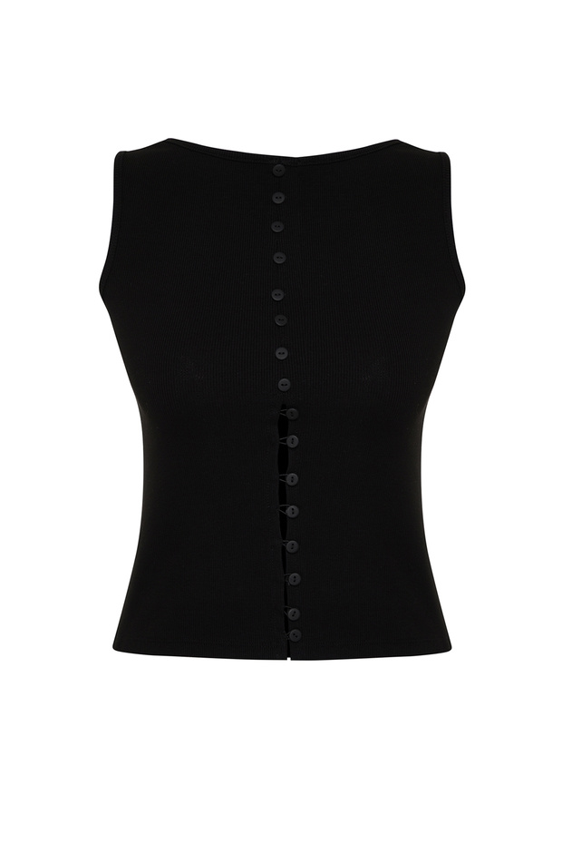 Siyah Düğmeli Fitted/Vücuda Oturan Fitilli Esnek Örme Bluz TWOSS24BZ00306 - 7
