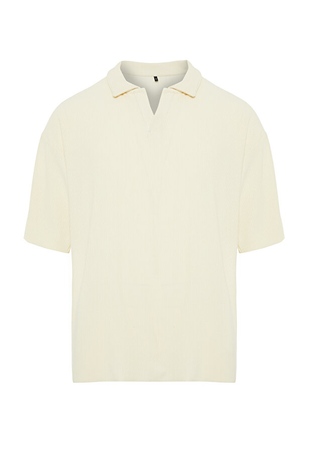 Ekru Oversize/Geniş Kesim Kırışmaz Ottoman Polo Yaka T-Shirt TMNSS23PO00020 - 7