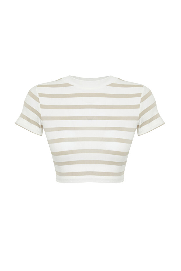Taş Ekru Çizgili Viskoz/Yumuşak Kumaş Crop Bisiklet Yaka Esnek Örme Bluz TWOSS23BZ00198 - 7