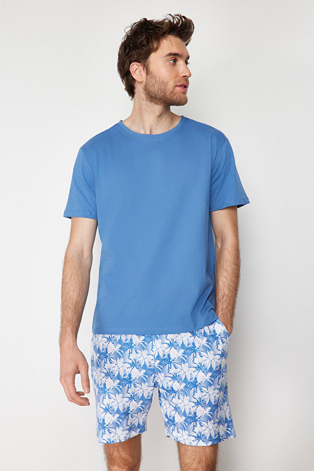 Mavi %100 Pamuk Regular Fit Palmiye Baskılı Şortlu Pijama Takımı THMSS21PT0331 - 1