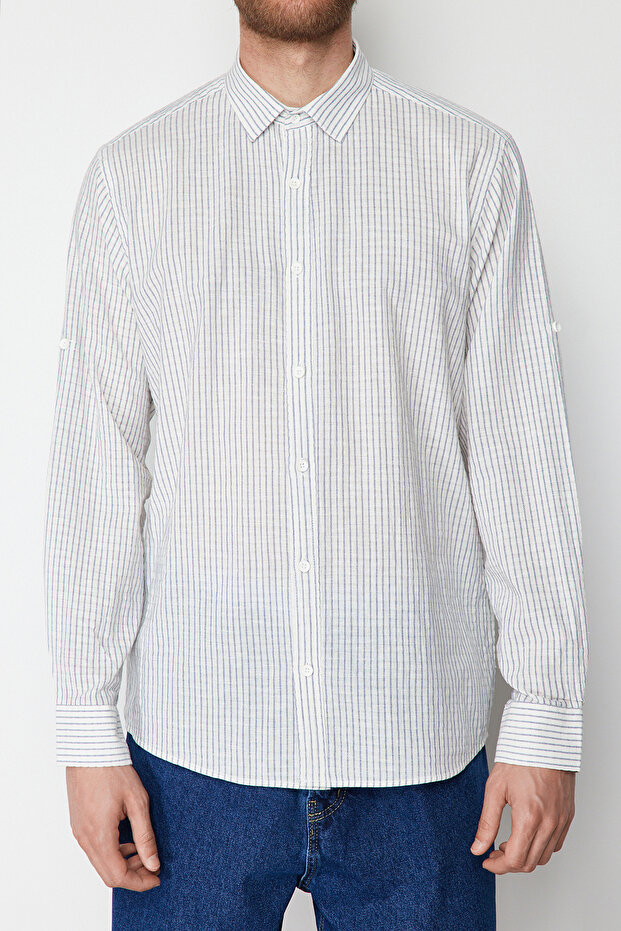 Lacivert Regular Fit Keten Karışımlı Çizgili Gömlek TMNSS23GO00134 - 5