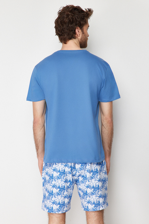 Mavi %100 Pamuk Regular Fit Palmiye Baskılı Şortlu Pijama Takımı THMSS21PT0331 - 7