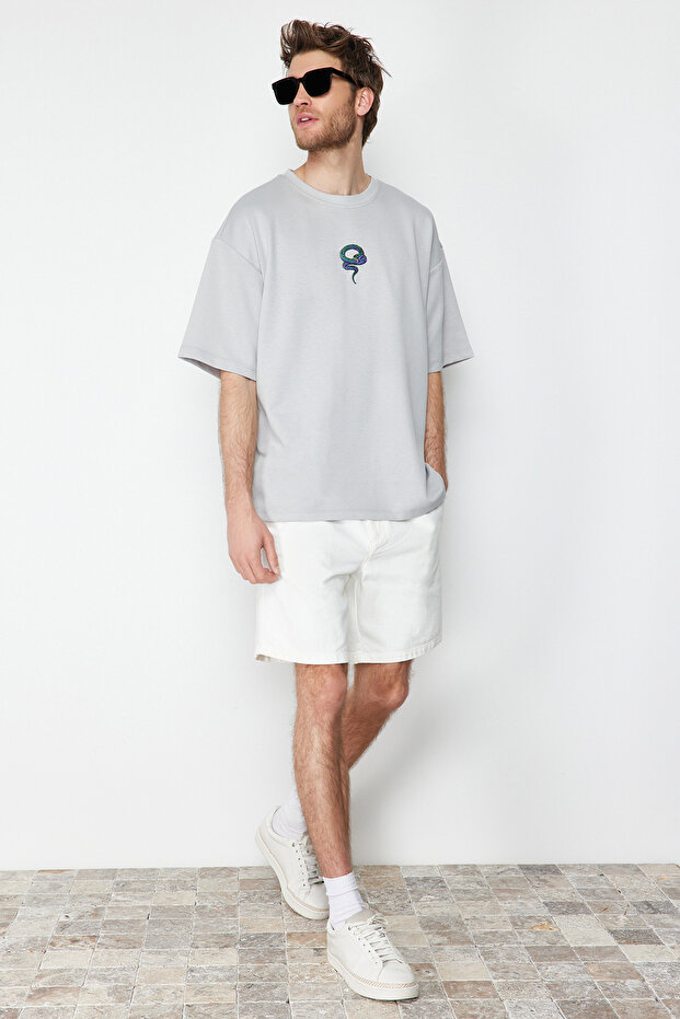 Gri Oversize/Geniş Kesim Yılan Nakışlı Kalın İnterlok T-Shirt TMNSS24TS00018 - 3