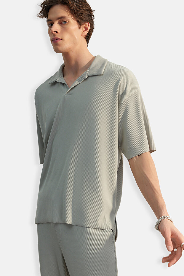 Büyük Beden Taş Oversize Dokulu Ottoman Polo Yaka T-Shirt TMNSS24BF00047 - 10