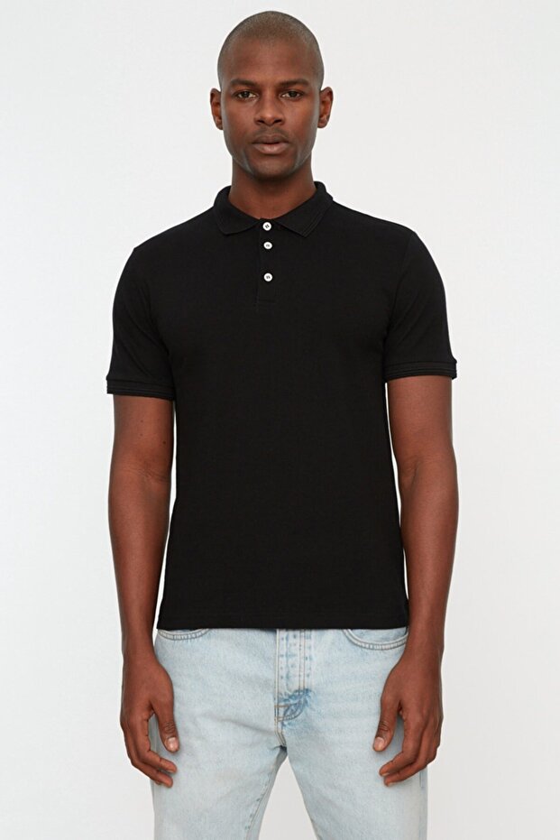 Büyük Beden Siyah Regular/Normal Kesim Basic %100 Pamuklu Polo Yaka T-shirt TMNSS24BF00000 - 8