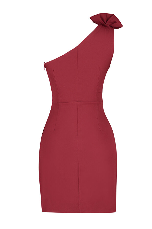 Burgundowa krótka stylowa suknia wieczorowa z kołnierzykiem - szczegółowa sukienka z tkaniny TPRSS22EL1397 - 8