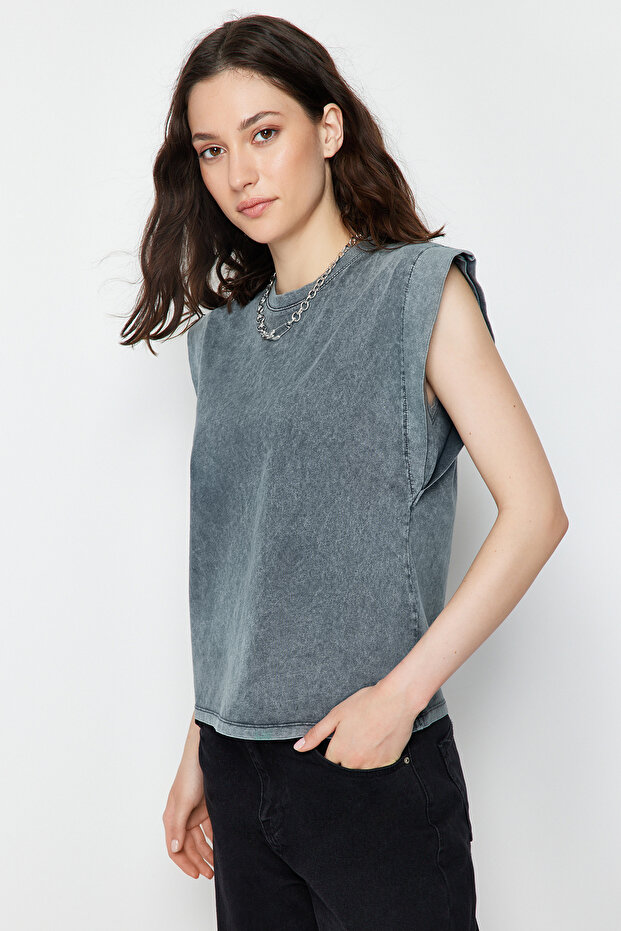 Antrasit*001 Soluk Efektli %100 Pamuk Vatka Görünümlü Basic Bisiklet Yaka Örme T-Shirt TWOSS20TS0021 - 2