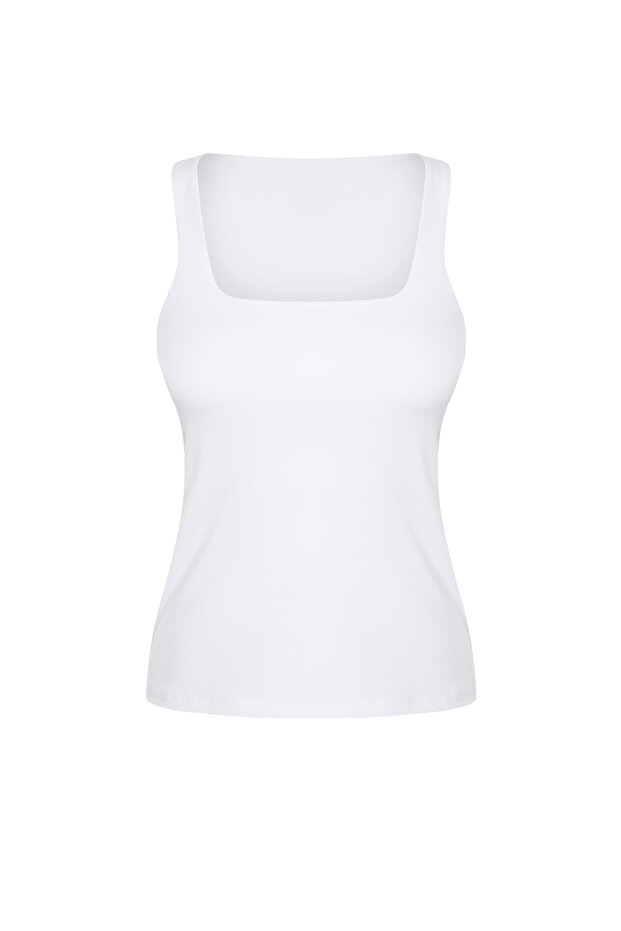 Beyaz Toparlayıcı 2 Katlı İçi Pedli Spor Sütyenli Kare Yaka Örme Spor Üst/Bluz THMSS24BZ00002 - 7
