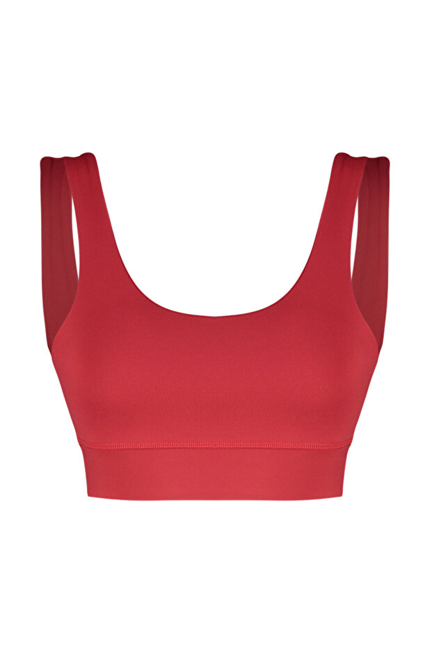 Czerwony, szczotkowany, miękki materiał, dzianinowy biustonosz sportowy z grubymi ramiączkami, zapewniający wsparcie i modelowanie THMSS24SS00008 - 7