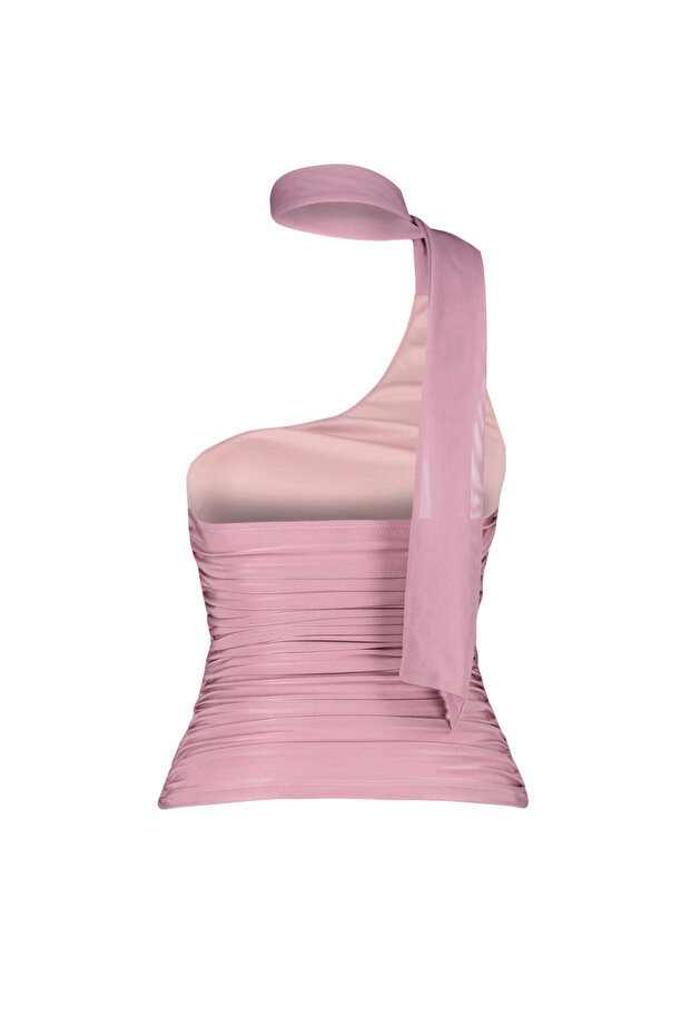 Pembe Boyundan Bağlamalı Büzgülü Astarlı Esnek Tül Örme Bluz TWOSS24BZ00202 - 8