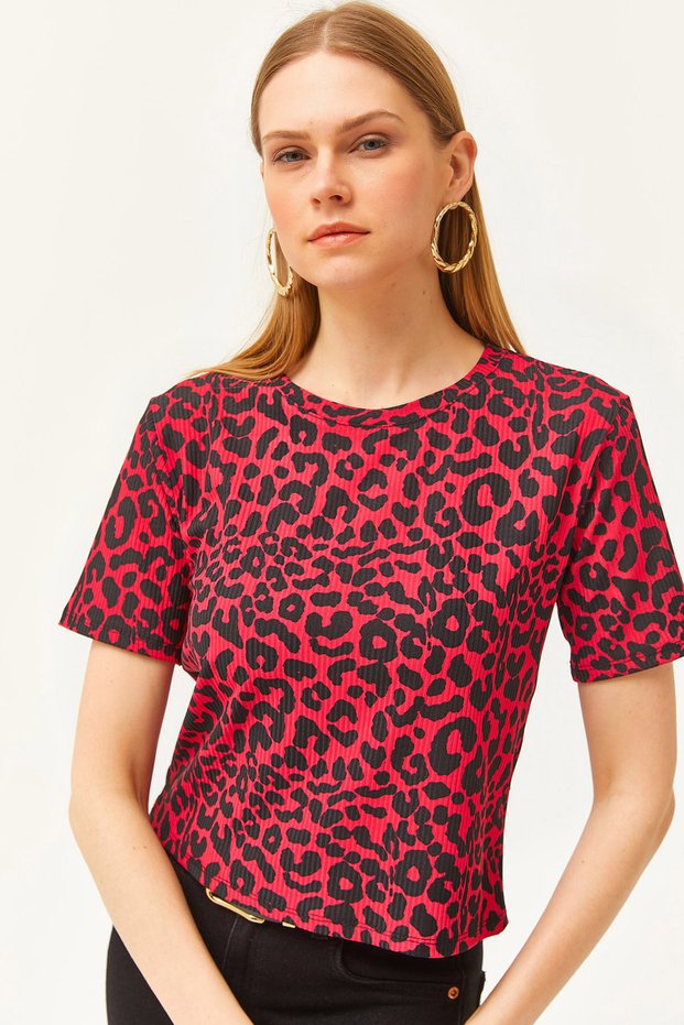 Women's Leopard Fuchsia Corded Crop Knitted T-Shirt TSH-19000328