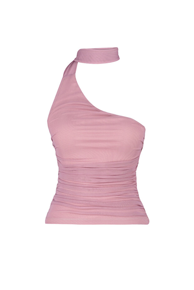 Pembe Boyundan Bağlamalı Büzgülü Astarlı Esnek Tül Örme Bluz TWOSS24BZ00202 - 7