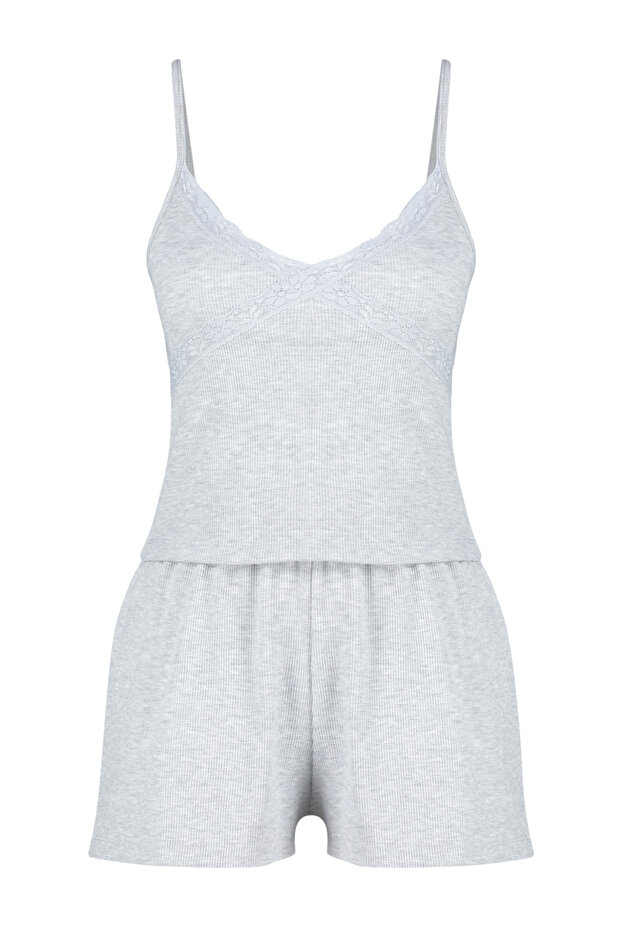 Gri Melanj Dantelli İp Askılı Fitilli Şortlu Örme Pijama Takımı THMSS24PT00080 - 7