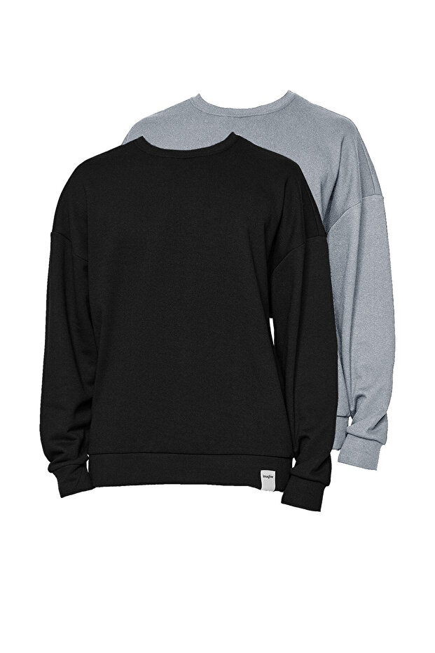 Siyah-Gri Melanj 2'li Paket Oversize/Geniş Kesim İçi Polar/Sıcak Tutan Sweatshirt TMNAW24SW00001 - 4