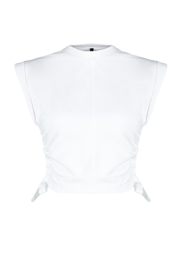 Beyaz %100 Kalın Pamuklu Büzgü Detaylı Crop Yarasa Kol Örme T-Shirt TWOSS24TS00026 - 7