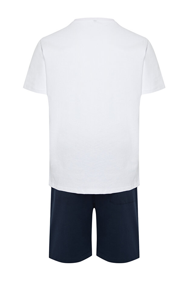 Lacivert-Beyaz Baskılı %100 Pamuk Regular Fit Örme Şortlu Pijama Takımı TMNSS24PT00012 - 9