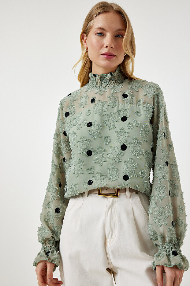 Women's Green Crushed Polka Dot Woven Blouse TP00020