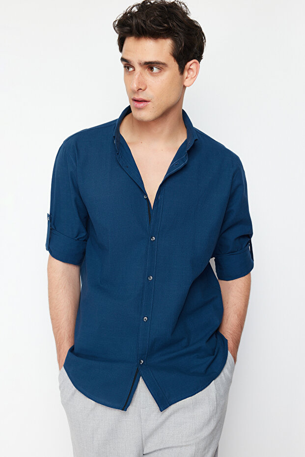 Indigo Düğmeli Yaka Apoletli Slim Fit Uzun Kollu %100 Pamuklu Keten Görünümlü Gömlek TMNSS20GO0189 - 1