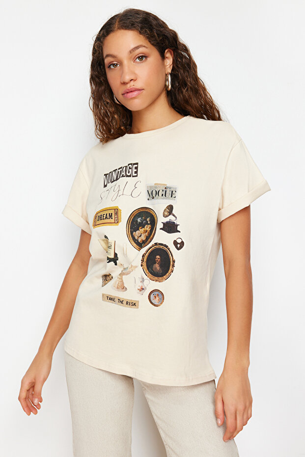 Taş %100 Kalın Pamuklu Baskılı Oversize Kalıp Bisiklet Yaka Örme T-Shirt TWOSS23TS00282 - 3