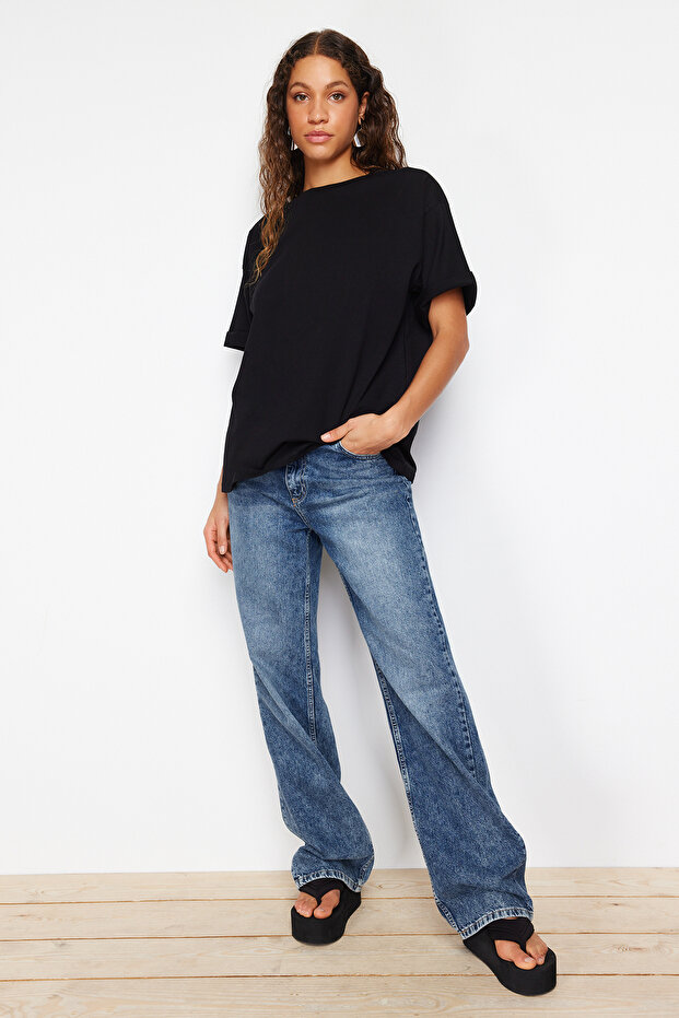 Siyah %100 Kalın Pamuklu Oversize/Geniş Kalıp Bisiklet Yaka Örme T-Shirt TWOSS23TS00040 - 9