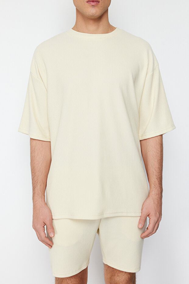 Ekru Oversize Bisiklet Yaka Kısa Kol Dokulu Ottoman T-Shirt TMNSS23TS00081 - 5