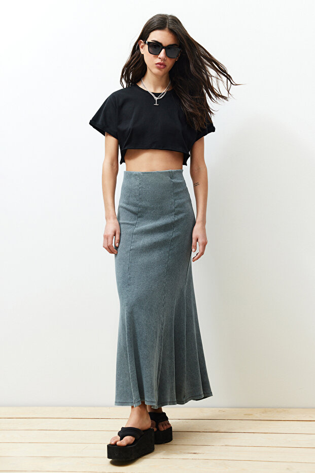 Anthracite Faded Effect Stitching Detailed Maxi Flexible Skirt TWOSS24ET00089
