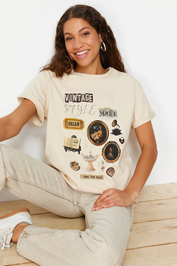 Taş %100 Kalın Pamuklu Baskılı Oversize Kalıp Bisiklet Yaka Örme T-Shirt TWOSS23TS00282 - 1