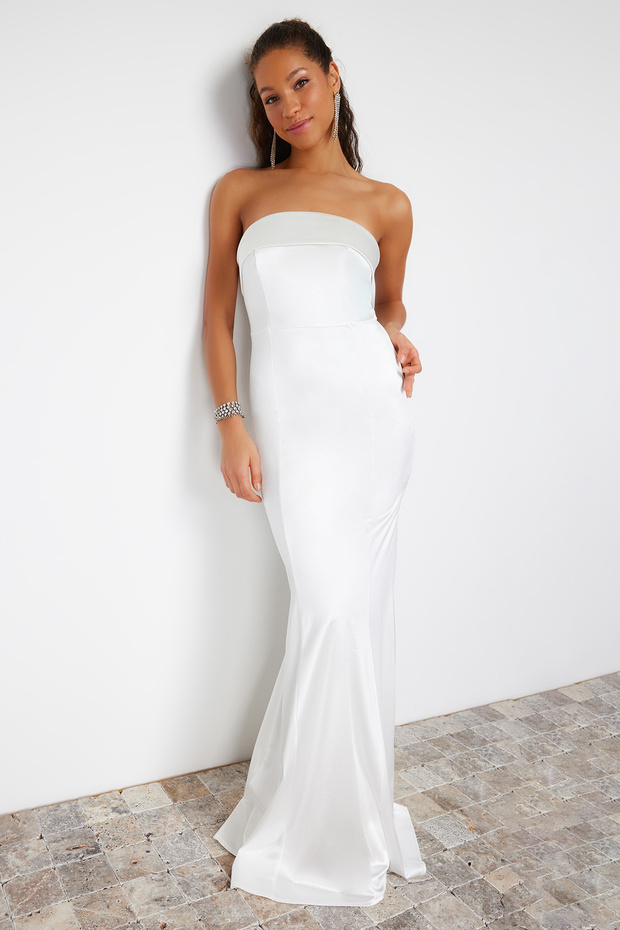 Bridal Beyaz Balık Örme Uzun Düğün/Nikah Gece Abiye Elbise TPRSS24AE00024 - 6