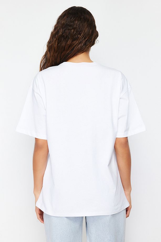 Beyaz %100 Pamuk Premium Oversize/Geniş Kalıp Bisiklet Yaka Örme T-Shirt TWOSS23TS00040 - 5
