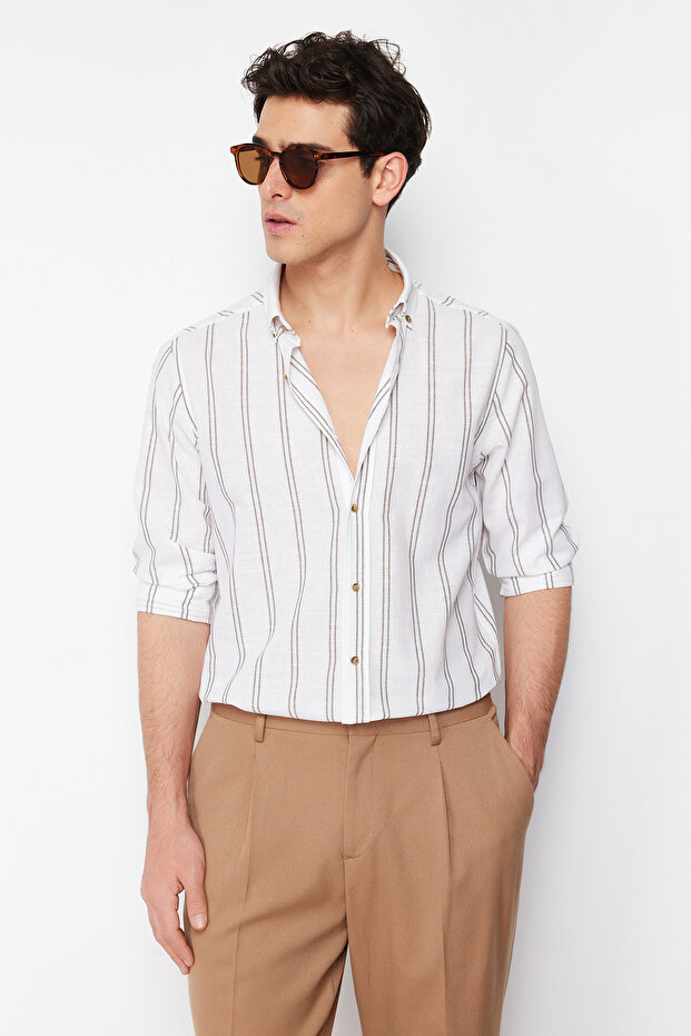 Yeşil Slim Fit Düğmeli Yaka İnce Çizgili Gömlek TMNSS20GO0092 - 5
