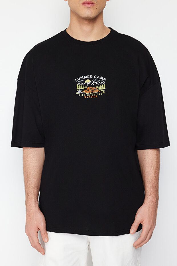 Siyah Oversize/Geniş Kesim Kısa Kol Manzara Nakışlı %100 T-Shirt TMNSS23TS00243 - 5