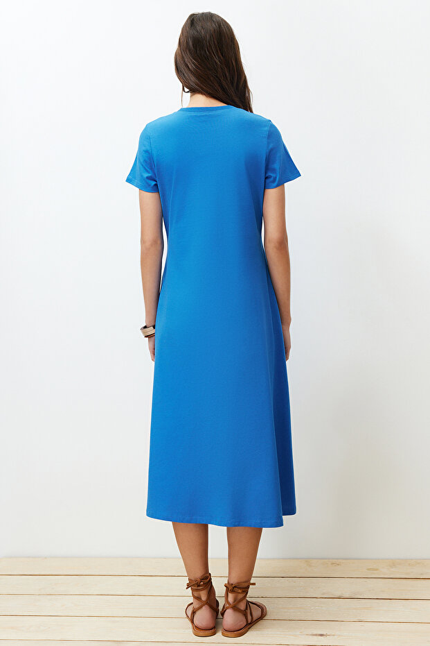 Saks Cepli Bisiklet Yaka A-Line Örme Midi Elbise TWOSS24EL00169 - 3