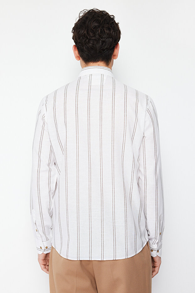 Yeşil Slim Fit Düğmeli Yaka İnce Çizgili Gömlek TMNSS20GO0092 - 3