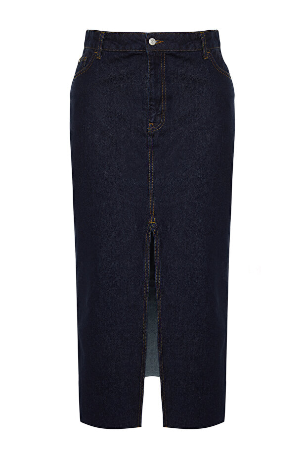 Koyu Mavi Yırtmaçlı Maxi Denim Etek TBBSS24AZ00046 - 7