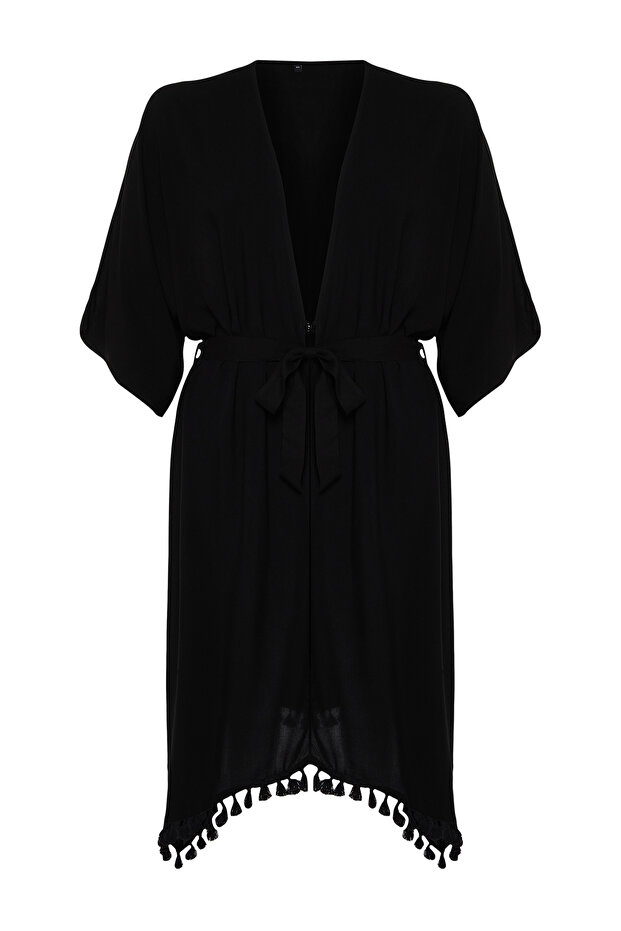 Siyah Etek Ucu Püsküllü Viskon Plaj Giyim Dokuma Büyük Beden Kimono&Kaftan TBBSS24DE00002 - 7