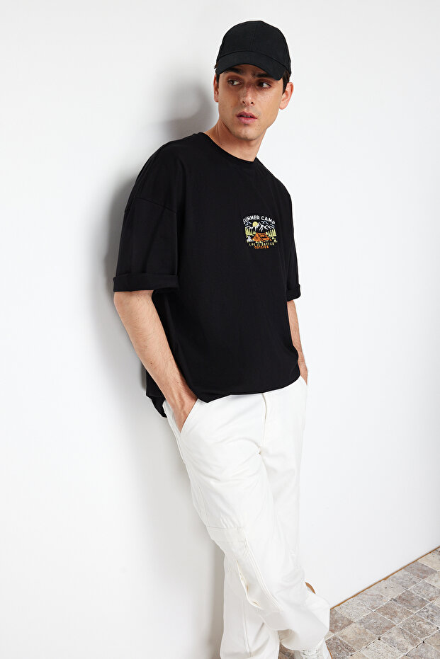 Siyah Oversize/Geniş Kesim Kısa Kol Manzara Nakışlı %100 T-Shirt TMNSS23TS00243 - 4