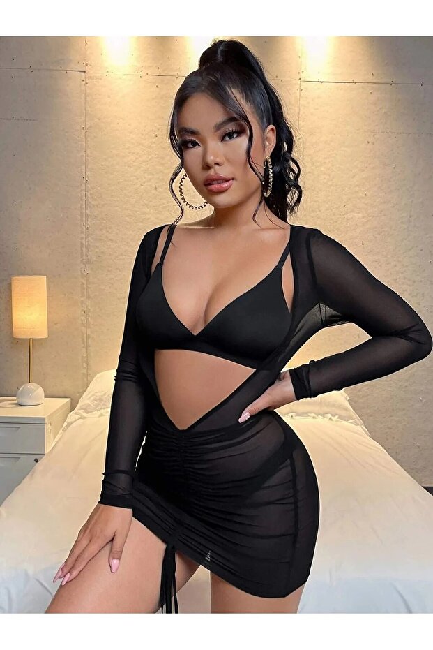 Fantezi Transparan 3 Parça Elbise - 1