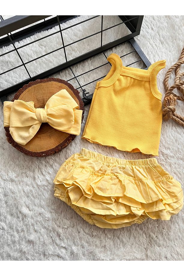 SARI BEBEK çOCUK CROP SORT BANDANA SETi TAKIMI - 1