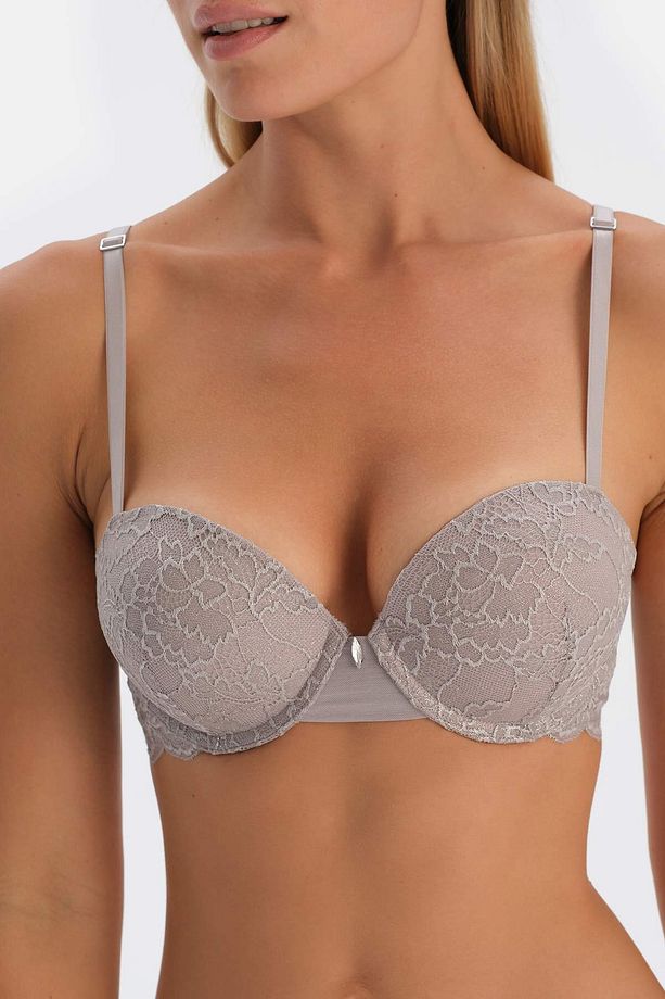Açık Gri Dantel Ve Taş Detaylı Push-Up Sütyen - 6