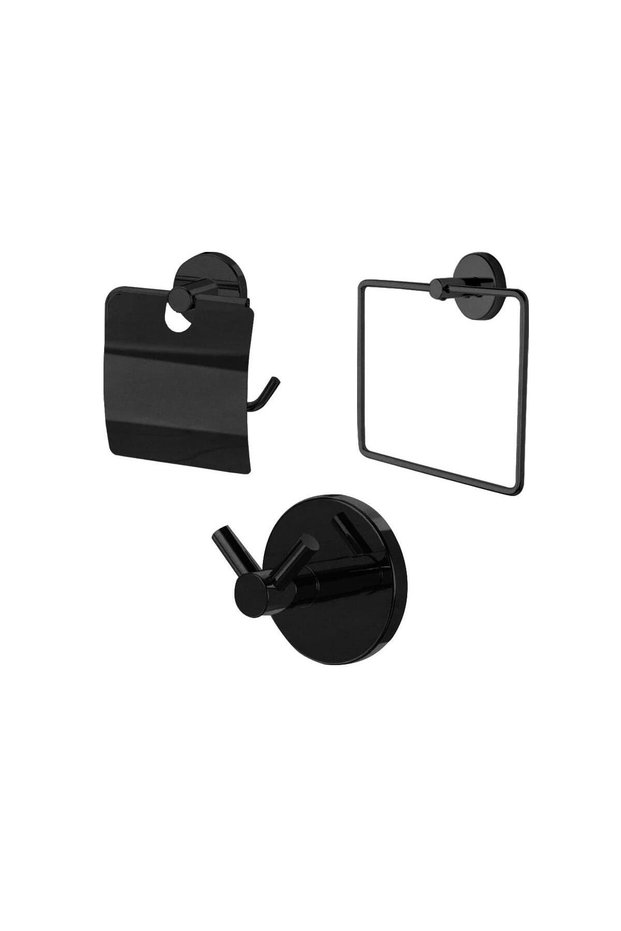 Bathroom Accessory Set of 3 Towel Holder - WC Paper Holder - 2 Hangers Matte Black