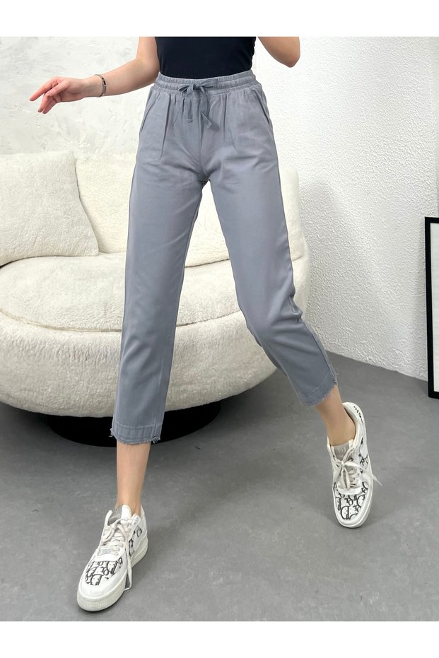 Women's Gray Elastic Waist Tassel Detail Piece Painted Gabardine Trousers
