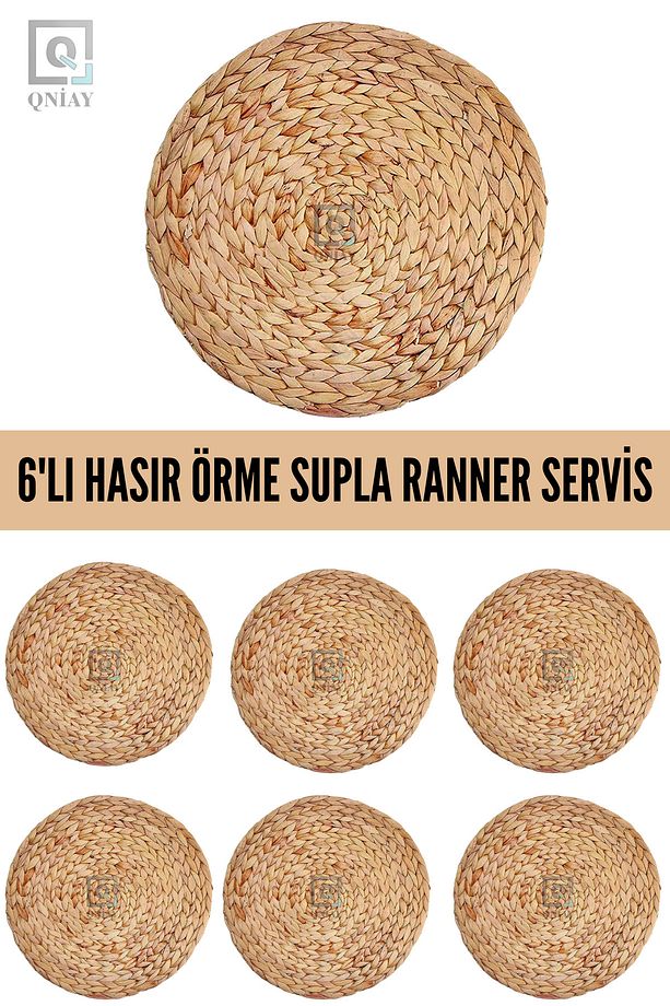 6 lı Amerikan Hasır Servis Supla Örme Bambu 30 cm El Yapımı Kalın Örme Bambu Kaliteli Hasır Runner - 1