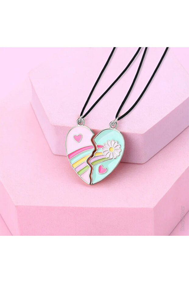 2'li Mıknatıslı Kolye Papatya ve Kalp Figürlü Kız Çocuk Kolyesi - 1