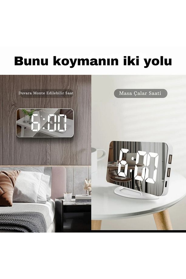 Aynalı Çift Usb’li Aynalı Masa Saati Alarm Dijital Ekran Duvar Saati Ev Ofis Parlıklık Ayarlı - 7
