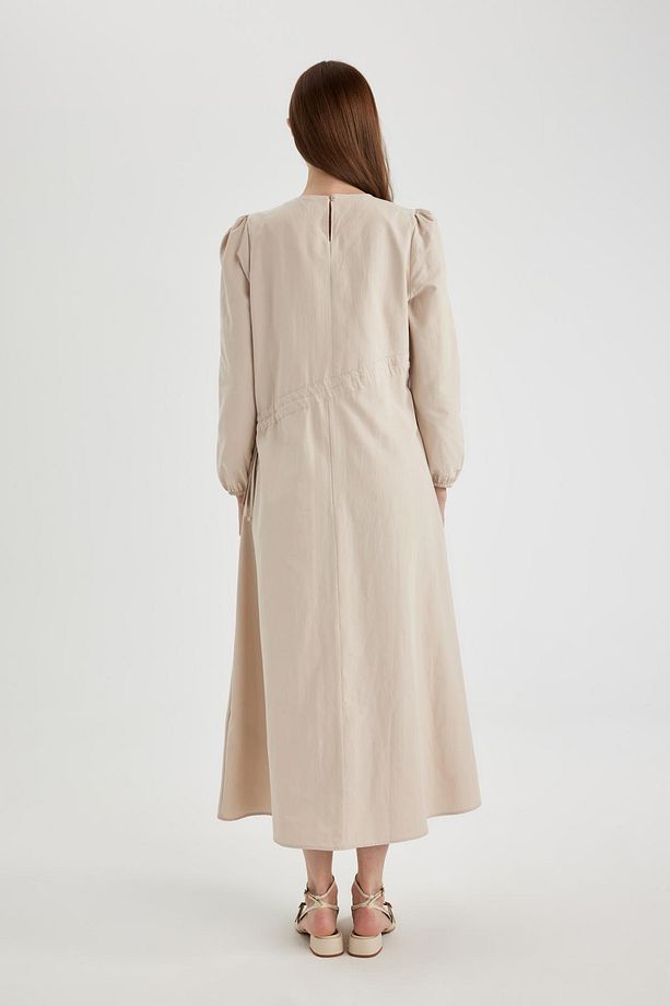 Regular Fit Bisiklet Yaka Basic Düz Poplin Uzun Kollu Maxi Elbise A9409ax24sp - 6