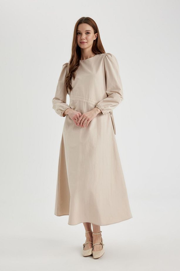Regular Fit Bisiklet Yaka Basic Düz Poplin Uzun Kollu Maxi Elbise A9409ax24sp - 3
